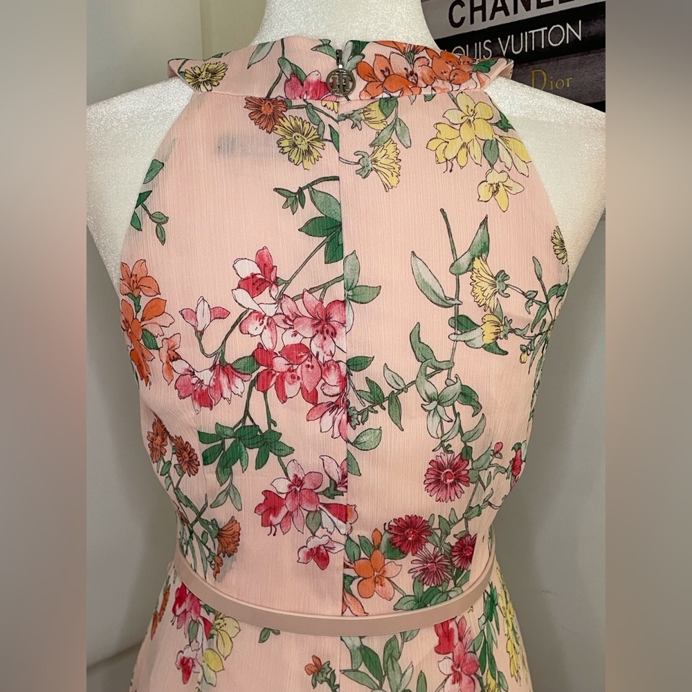 Tommy Hilfiger Belted Chiffon Halter Midi Dress Pink Floral Print Size 4 - Picture 8 of 16